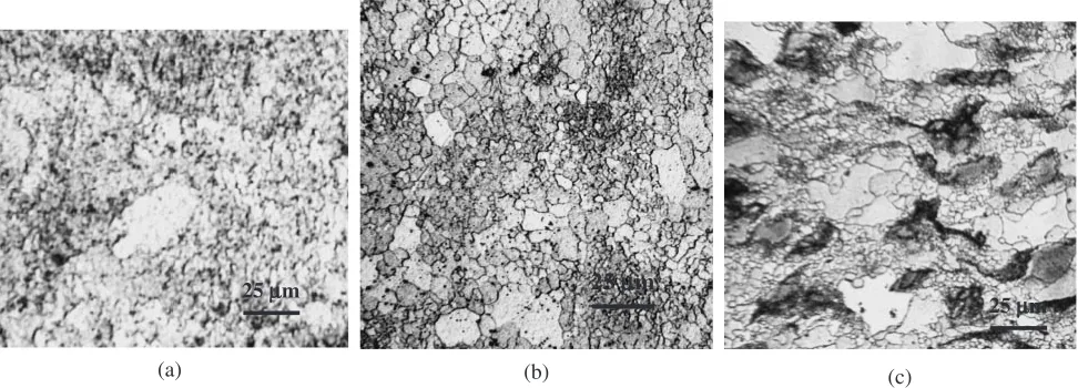 Fig. 1Microstructures of specimens deformed by warm ECAE vis-a`-vis the initial one (Route A, 120� die) (a) initial, (b) after 8 passes at200�C, (c) after 8 passes at 250�C, (d) after 8 passes at 300�C.