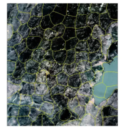 Figure 3. Example of SLIC superpixel segmentation on a tile of an image. Boundaries between superpixels are marked as yellow lines.
