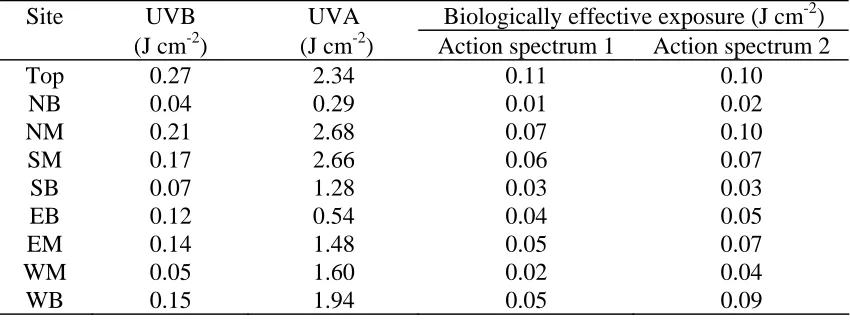 Table 3. The UVB and UVA exposures calculated from the spectra evaluated with the dosimetric technique and the biologically effective exposures calculated from this evaluated spectra for action spectrum 1(15) and action spectrum 2(17)