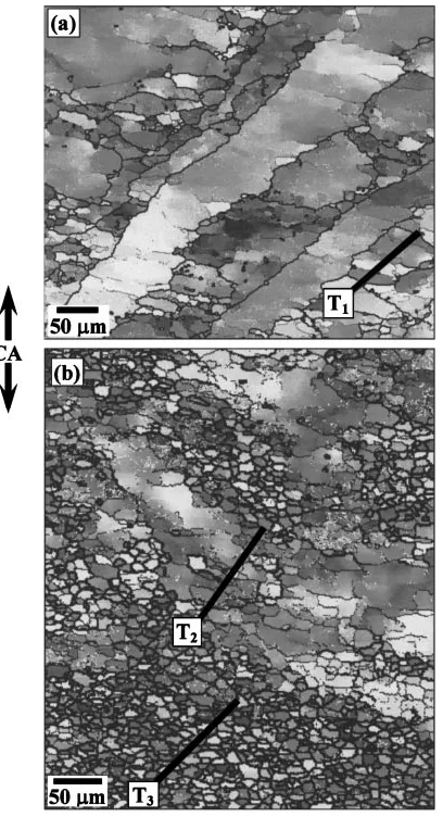 Fig. 5Typical point-to-point and point-to-origin misorientations devel-oped in original coarse grain interiors in 7475 Al alloy during MDF atT ¼ 490�C and _" ¼ 3 � 10�4 s�1