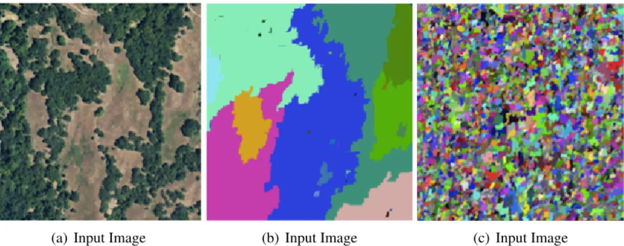 Figure 2.2: Example NAIP input image and under-segmented and over-segmented outputs from the Statistical Region Merging Algorithm
