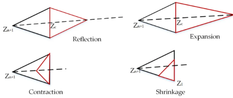 Figure 5. Nelder Mead method operations: reflection, expansion, contraction, and shrinkage