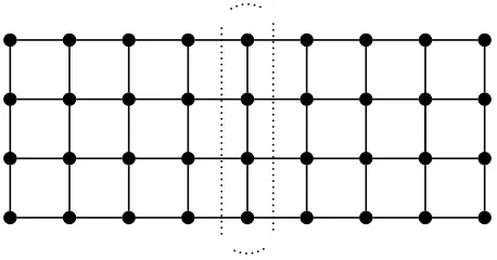 Figure 2.2: A four-connected grid graph, with a separator outlined. Noticewhen the vertices in the separator are removed from the graph, then the re-maining graph is partitioned into two unconnected sets.
