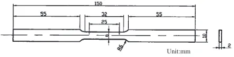 Fig. 2Dimensions of the tensile test specimen.