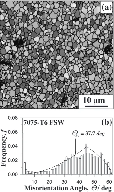 Fig. 3(a) Typical OIM picture of the microstructure developed and (b)misorientation angle distribution of the FSWed 7075 Al alloy.