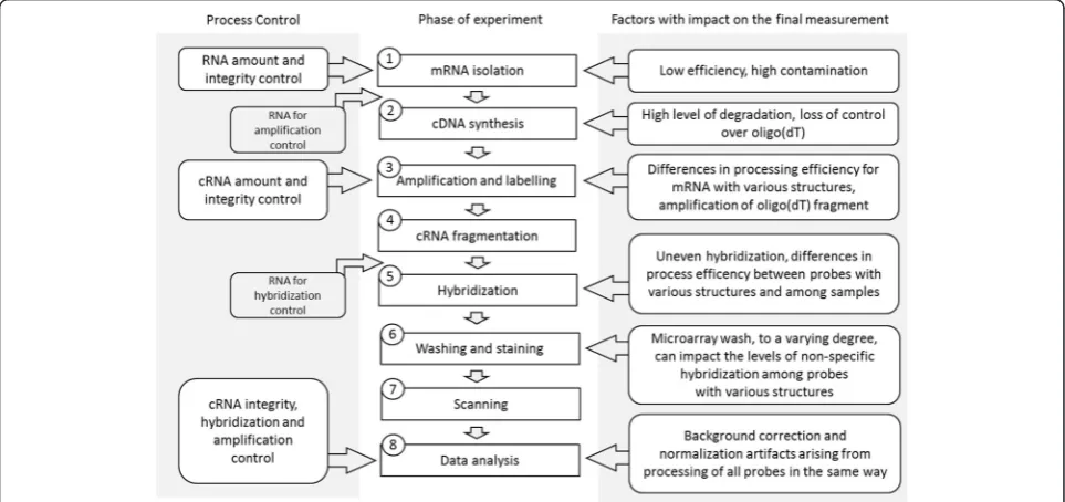 Fig. 5 Individual steps of a microarray experiment. Right panel describes factors that may affect experimental outcomes, left panel typical methodsthat are used to validate each of the processing steps