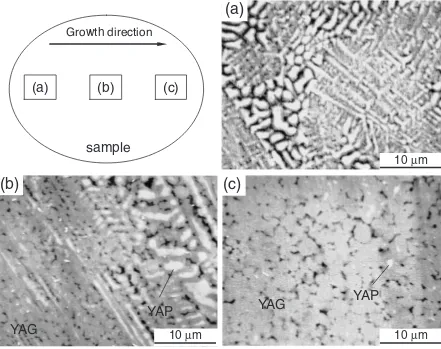 Fig. 6Schematic illustration of the sample showing growth direction. SEM images (a), (b) and (c) are taken at positions (a), (b) and (c) inthe illustration, respectively.