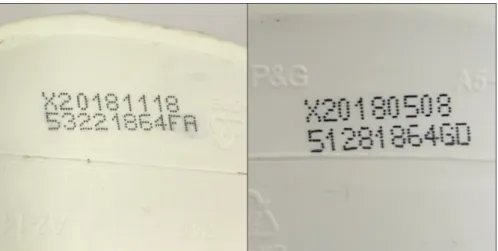 Figure 1.4: Batch codes from a genuine and counterfeit shampoo bottle (left, right). Human domain experts achieve around 60% accuracy on this classification task