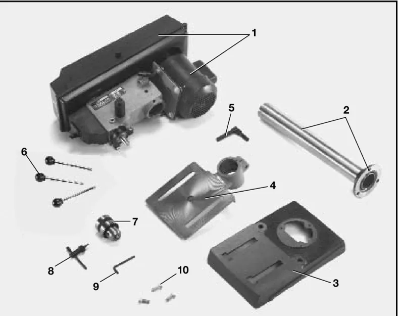 Fig. 2 1 - Drill Press Head and Motor 2 - Column and Base Flange 3 - Base