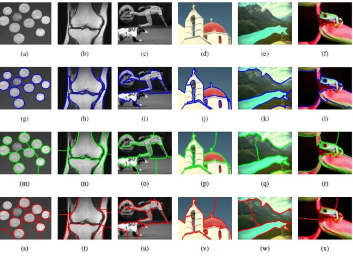 Fig. 4. (a)-(f) Original images. (g)-(l) Segmentation using proposed method. (m)-(r) Segmentation using generic normalized graph cuts method [12], [13] considering individual image feature (i.e., brightness W b and color W c for gray scale and color images