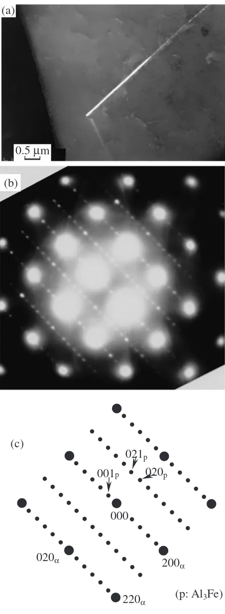 Fig. 11Precipitate in a specimen cold-rolled by 65% and aged at 723 K for8 Ms. (a) Dark ﬁeld image, (b) SADP and (c) key diagram for (b).