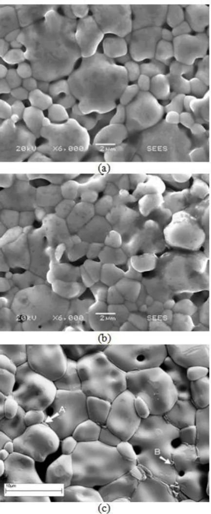 Figure 1. SEM micrographs of as-sintered surface of SnOceramic varistor (a) without CuO addition, (b) with an addition 0.1 mol.% CuO and (c) 0.5 2-Co3O4-Nb2O5-Cr2O3-CuO mol.% CuO