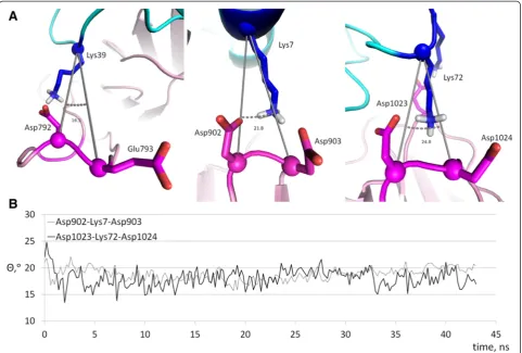 Fig. 8 Geometry of bifurcated salt bridges.Lys39-Glu793 salt bridge are not shown due to the high mobility of the respective loop of Apaf-1 (residues 785 a, Values of the angle between Cα atoms for complex salt bridges in the PatchDock’ model structureafte