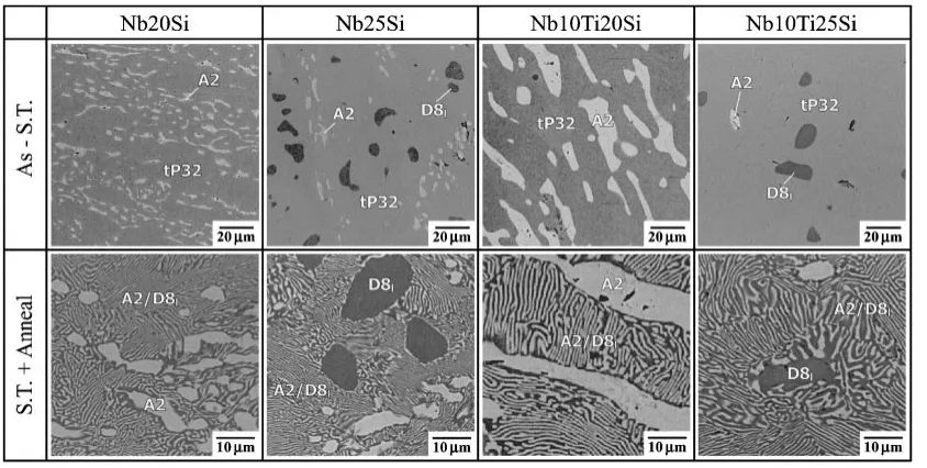 Fig. 6The microstructures of alloys solution treated at 2073 K for 24 hours for the binary alloys, and at 2023 K for 100 h for the ternaryalloys, followed by the annealing at 1673 K for 100 h for the decomposition of tP32 phase.