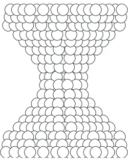 Fig. 1An example of a metallic nanocontact. A sphere represents oneatom. A neck has an ordered structure, for instance, like a perfect fccstructure.