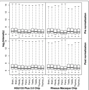 Figure 1 Probe-level log intensities for 10 HGU133 plus 2.0 Microarrays and 10 rhesus macaqueMicroarraysplots were generated from raw data (before normalization) and the two lower plots were generated from