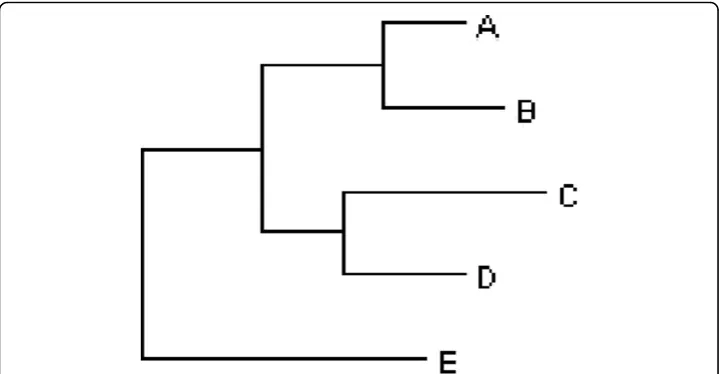 Figure 2 A simple tree example described in Newick format: (((A:0.2, B:0.3):0.3,(C:0.5, D:0.3):0.2):0.3,E:0.7):1.0;