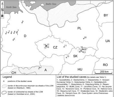 Fig. 2. Locations of the studied caves in Central Europe. The limits of continental and Alpine mountain glaciation during the Last Glacialare taken from Washburn (1980) and Svendsen et al