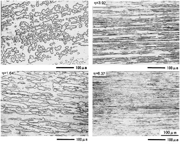 Fig. 3Microstructural changes by cold drawing in Cu–15%Cr–0.1%Sn alloy.