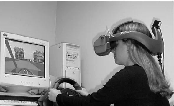 Fig 1. Person in a virtual environment wearing an HMD and head tracker.