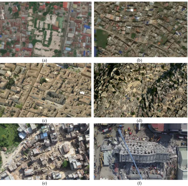 Figure 1. Examples of building damages caused by earthquakes captured in satellite (first row),  airborne (second row) and UAV (third row) images, respectively