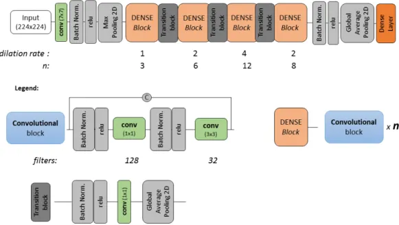 Figure 2. Architecture of the network adopted in the tests: n indicates how many times the sets of  convolutions composing the dense block are repeated