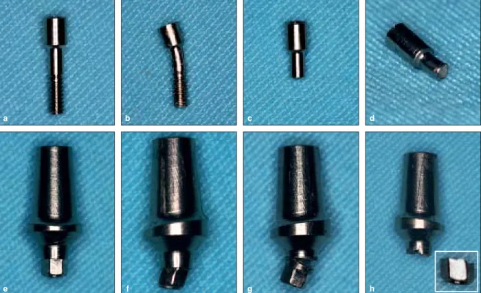 Fig 3  Failure modes of group 3 specimens after mechanical testing: (a) intact screw, (b) screw bending, (c and d) screw fracture  localized in the transition area from the smooth to the threaded surface, (e) intact abutment, (f) abutment bending, and (g a