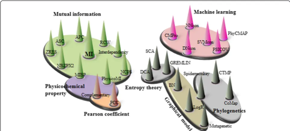 Figure 1 Correlation-based networks of sequence-based methods. Seven major methodologies are summarized, including mutual information,machine learning (random forest, support vector machine, neural networks), Pearson coefficient, entropy theory, graphical 