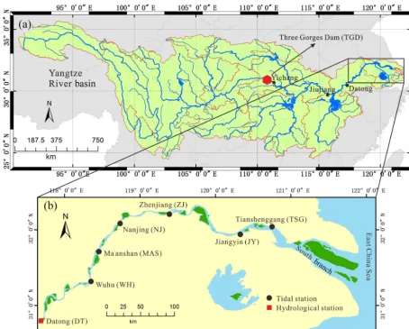 Figure 1. Maps of the Yangtze River basin (a) and Yangtze River estuary (b) with the location of tidal gauging and hydrological stationsshown with black solid circles and red solid rectangles.