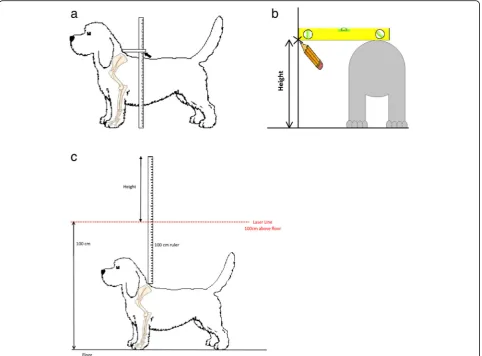 Fig. 4 (Additional files 1 and 2). Methods of measuring the height of dogs. a. Use of a commercially available measuring stick to measure theheight at the withers