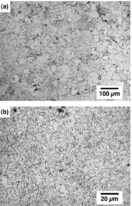 Fig. 8Optical microstructures of hot worked specimens followed by staticannealing at 548 K processed by (a) schedule C, (b) schedule D and(c) schedule E.