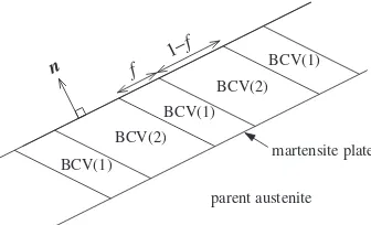 Fig. 2Schematic of a twinned martensite plate with habit plane n,consisting of BCV(1) and BCV(2) in the proportion f to 1 � f.