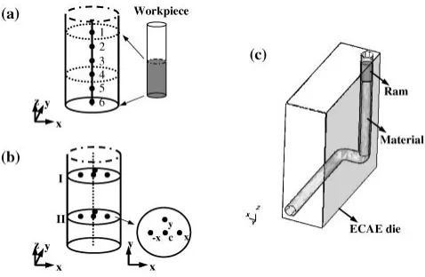 Fig. 1Die and work piece geometry; (a) center-divided points, (b) cut-areapoints and (c) die geometry that were designed for 2 pass of route B.