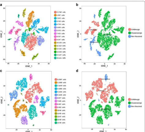 Fig. 1 Cell‑type taxonomy in human and mouse V1 cortex. a, b t‑distributed stochastic neighbor embedding (tSNE) visualization of 8998 nuclei from human V1 cortex grouped by expression similarity and colored by cluster (a) and cell type (b)