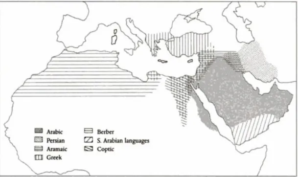 Figure 2.1 The language situation on the eve of the Islamic conquests. 
