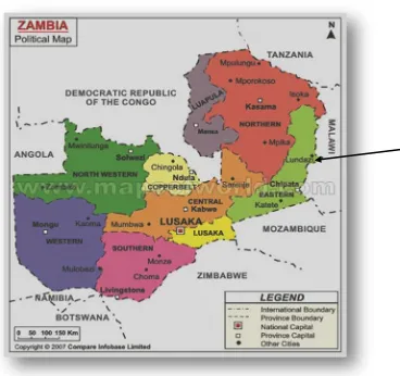 Figure 1 ~ Map of Zambia showing its Neighbours, Provinces and Districts 