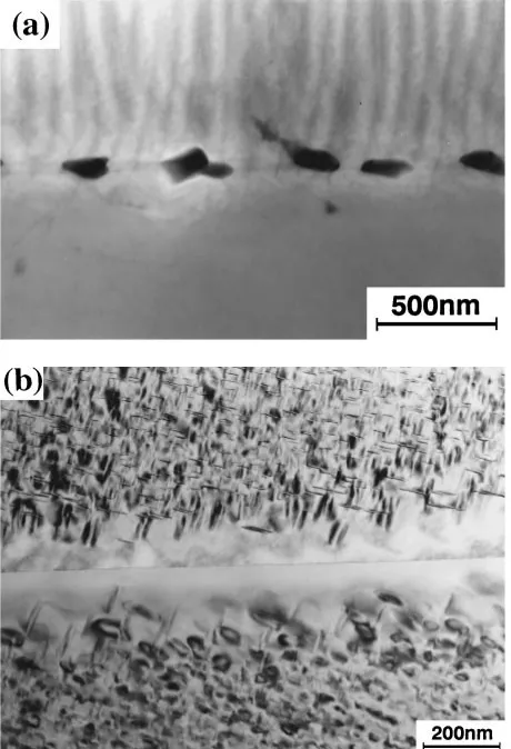 Fig. 1TEM micrographs of the specimens (a) aged at 523 K for 1.8 ks(0.5 h) and (b) aged at 453 K for 25.2 (7 h).
