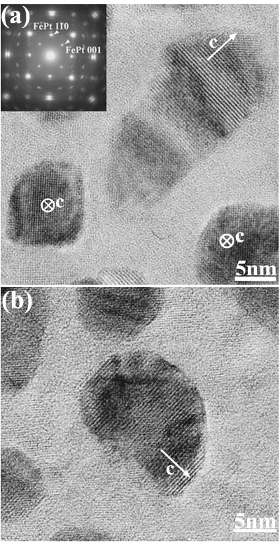 Fig. 1HREM images and the corresponding SAED pattern for Fe44Pt56nanoparticles after annealing at 873 K for 86.4 ks