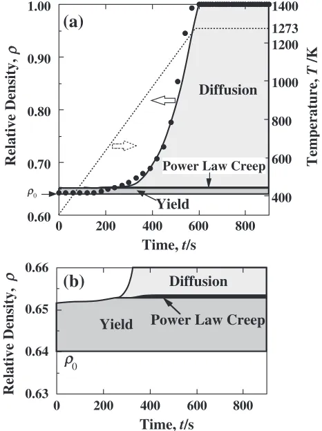 Fig. 10(a) Calculated relative density as a function of sintering time.Variation of temperature and experimental data are shown by dashed lineand solid circles respectively