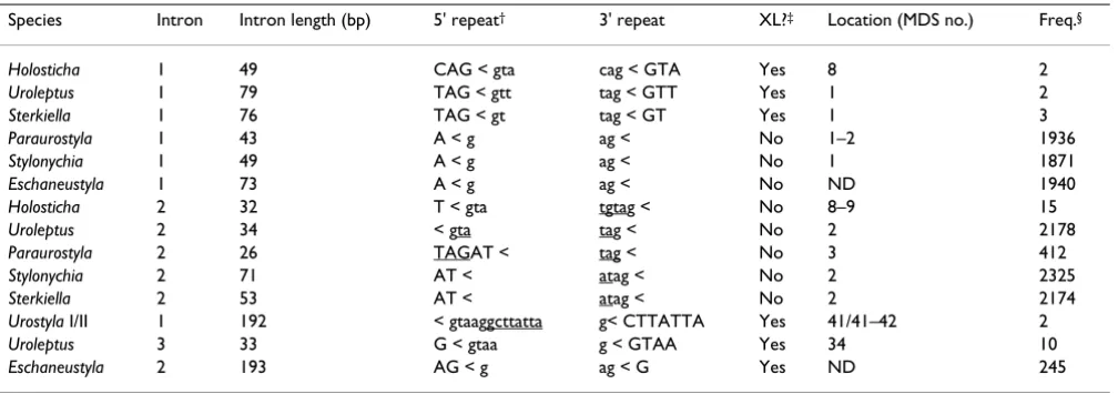 Table 2: Direct repeats found near intron/exon boundaries. The first six rows correspond to the first 5' intron, the next five rows to the second 5' intron, and the last three to the 3' intron.