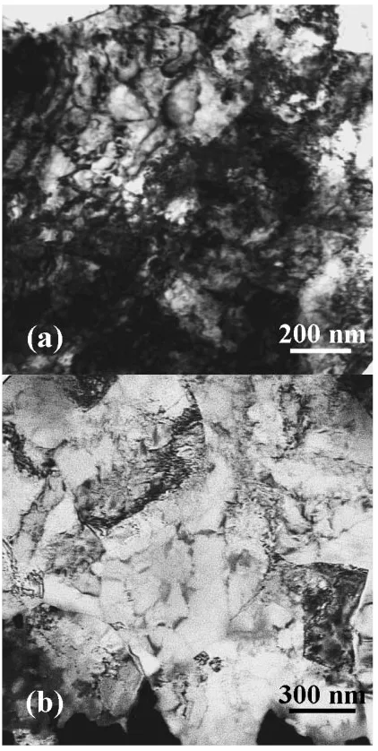 Fig. 5TEM bright-ﬁeld images of (a) CT- and (b) RT-rolled Cu. The " forboth samples is the same, 2,300%.