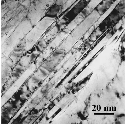 Fig. 7A high-magniﬁcation TEM image of multiple twins and twinboundaries. The sample was deformed to 60% strain at a strain rate of1:1 � 104 s�1 and 148 K.