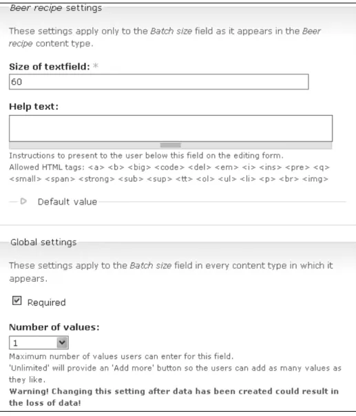 Figure 2-7  Part of the settings groups on the field creation/Manage field tab