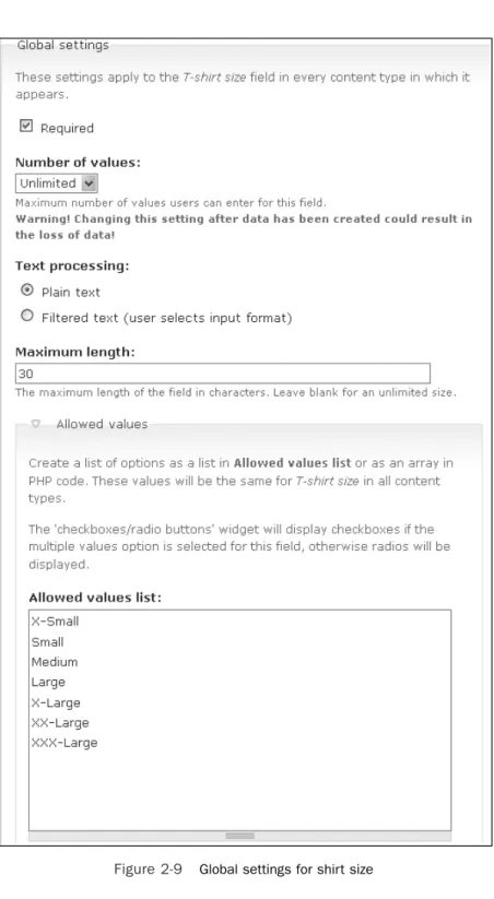 Figure 2-9  Global settings for shirt size