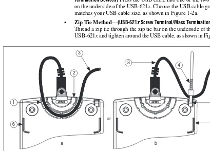 Figure 1-2.  USB Cable Strain Relief Options on USB-621x Screw Terminal/Mass Termination Devices