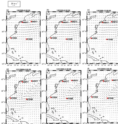 Figure 5. The 3-hourly snapshots of CFSR wind ﬁelds over the modeling area ending at times t1 (8 January 2009 12:00 UTC, a–c) and t2(21 January 2009 06:00 UTC, d–f).