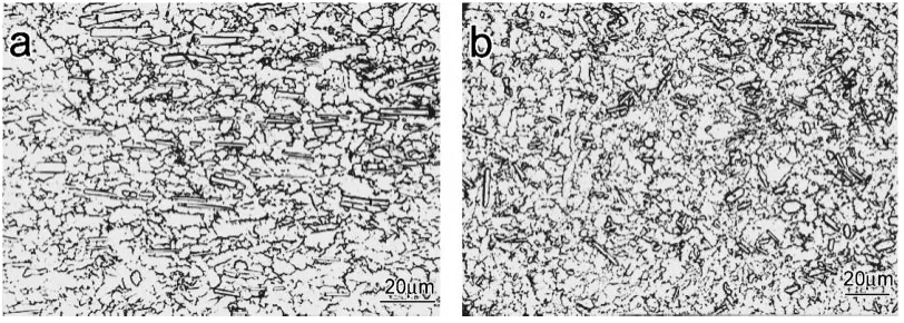Fig. 1Optical microstructures of the titanium matrix composites (a) and (b) are at longitudinal and transverse cross-section of thecomposites (unetched).