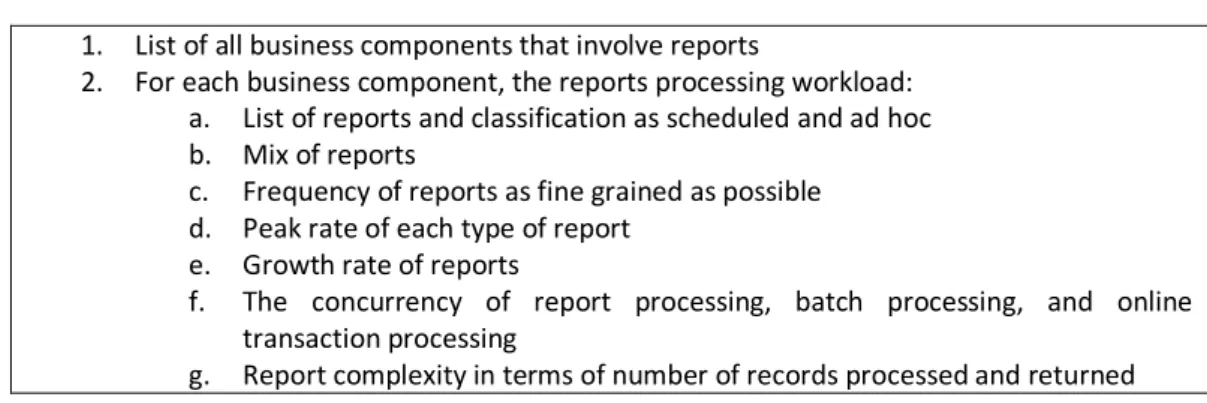 Table 3 Workload Inputs to be Gathered for Reports  1.  List of all business components that involve reports 