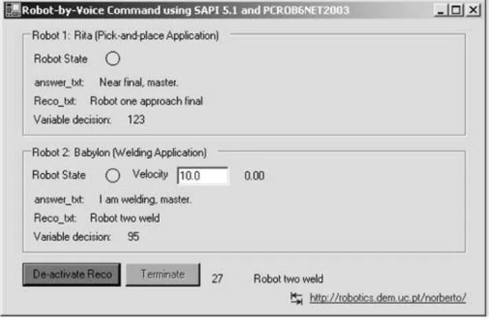 Figure 2.6: (a) ASR interface application controlling two industrial robots: a pick-and-place robot and a welding robot, and (b) an operator commanding the welding robot using a headset microphone