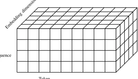Figure 3.1: The figure illustrates how the input data is fed to the neural nets. The first dimension is the sequence of tokens, the second corresponds to a single token and the third contains the embedding vector for each token